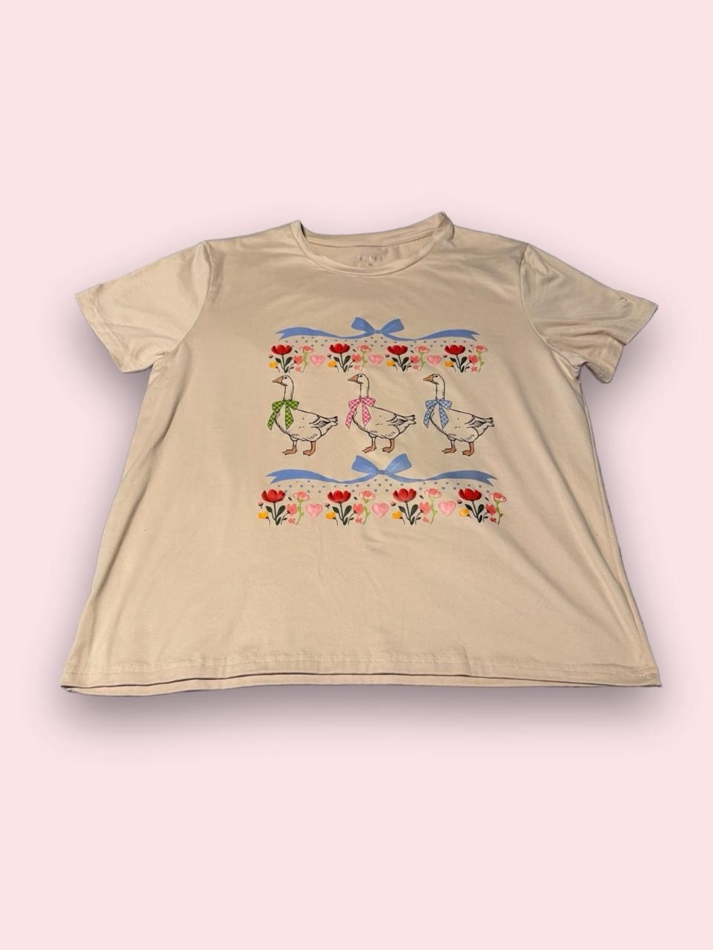 SHEIN Cream Short Sleeve Tee with Colorful Vintage Themed Goose & Floral Print